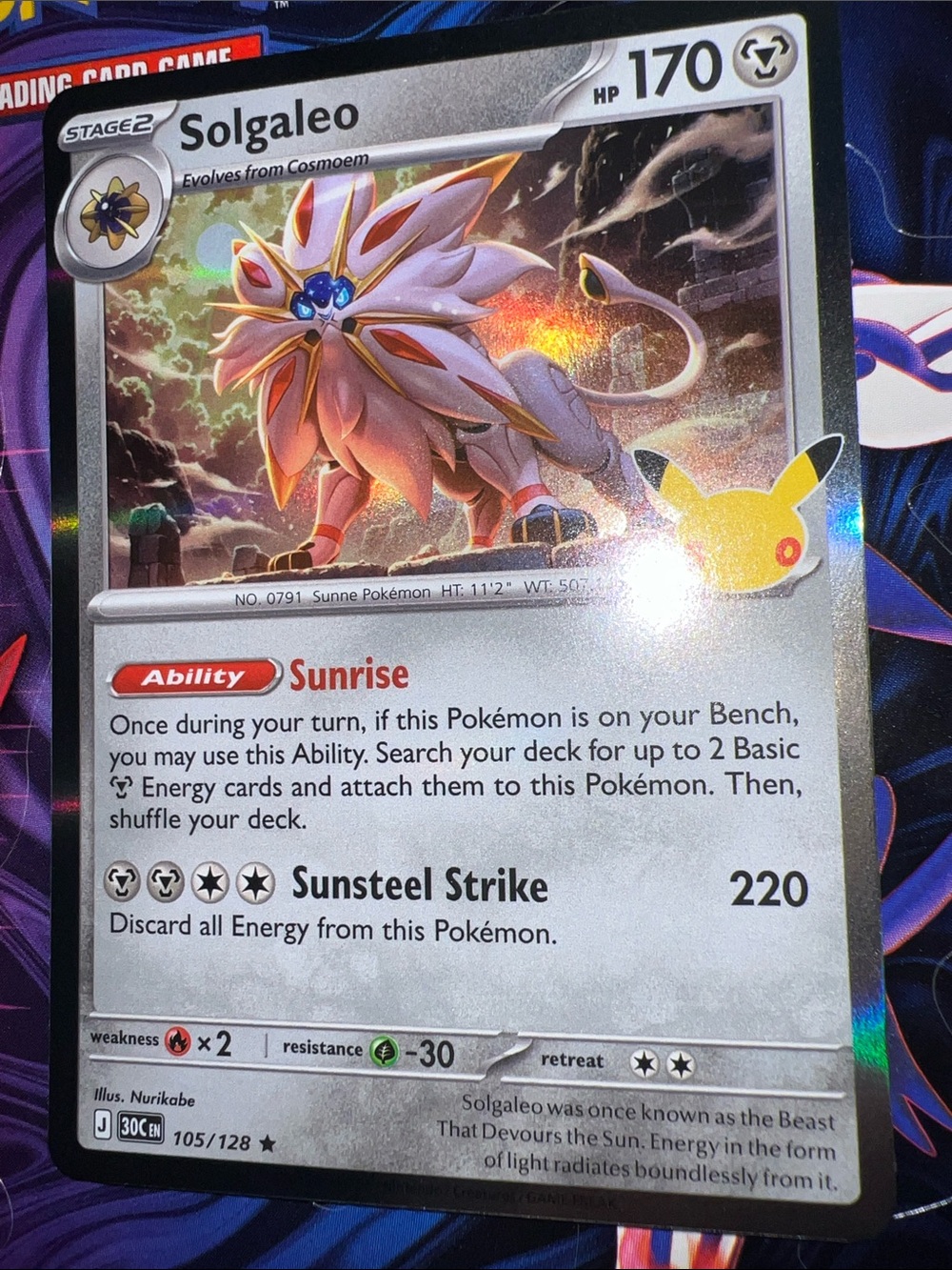 Pokemon Solgaleo Holographic Card - Silver, White, Gold